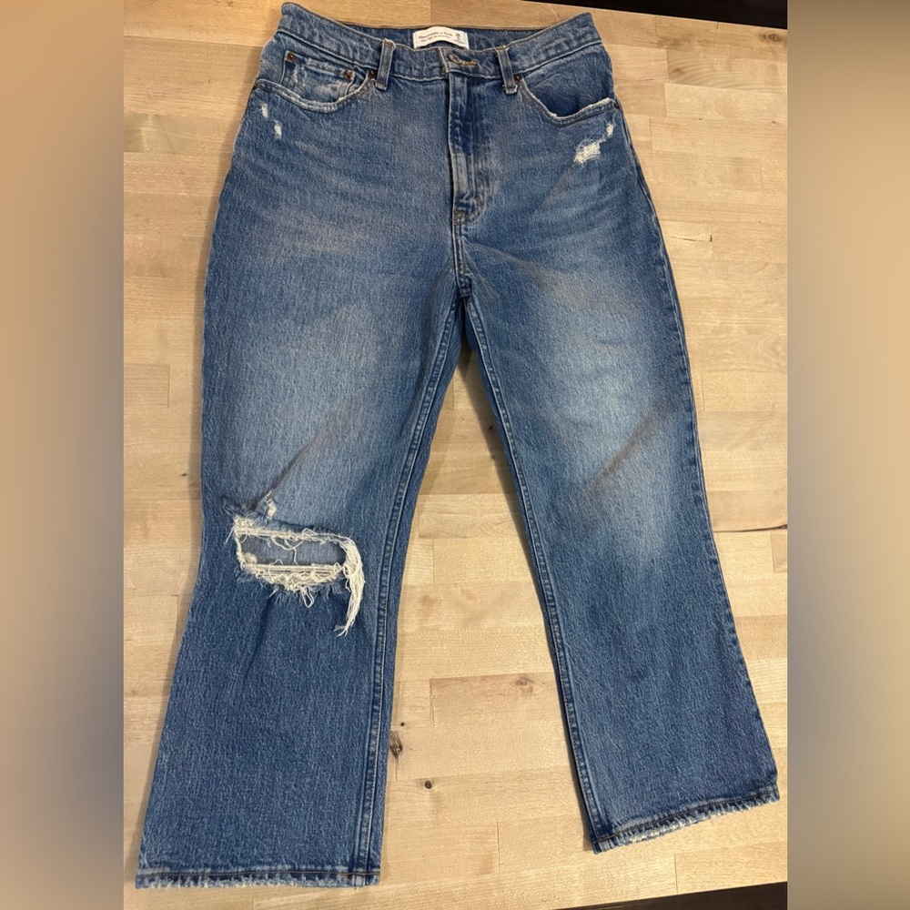 Abercrombie & Fitch Blue Distressed ultra high rise kick Flare cropped Jeans